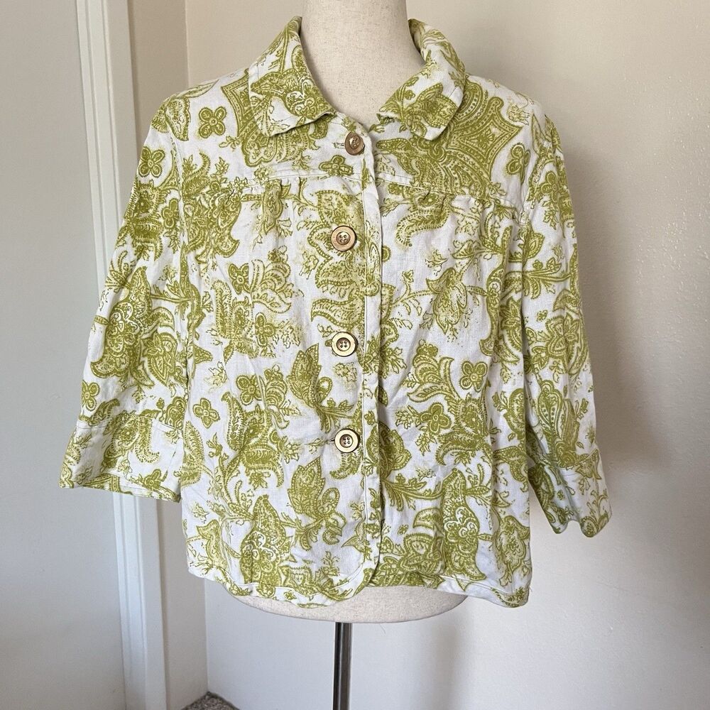 Charter Club 100% Linen Floral Jacket Womens P/L Green Boho Peasant Cottagecore
